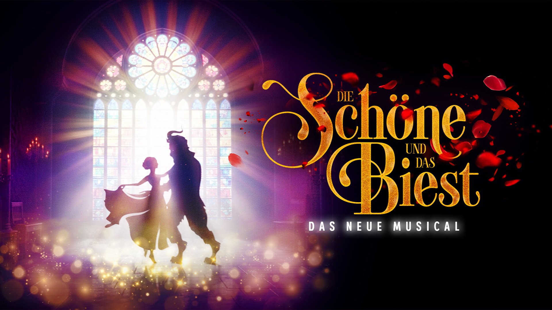 Das Sujet für "Die Schöne und das Biest" mit den tanzenden Charakteren vor einem leuchtenden Hintergrund.