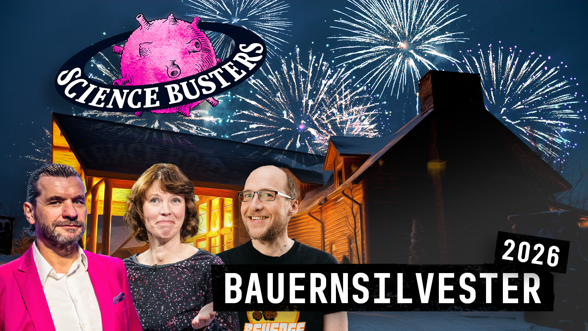 Sujet mit Feuerwerk und Profilbild von Science Busters