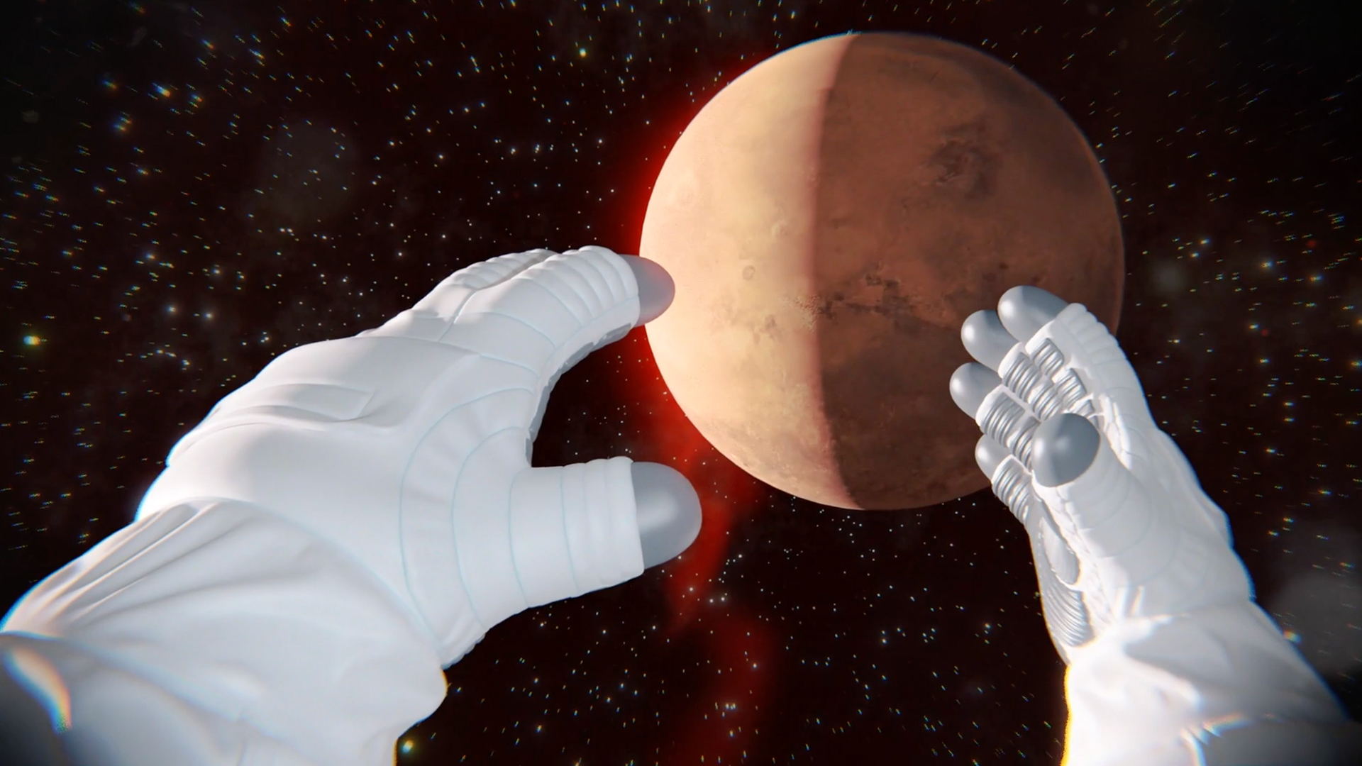 Sujet von Planeten Mars und Hände in weißen Handschuhen davor (Astronaut)