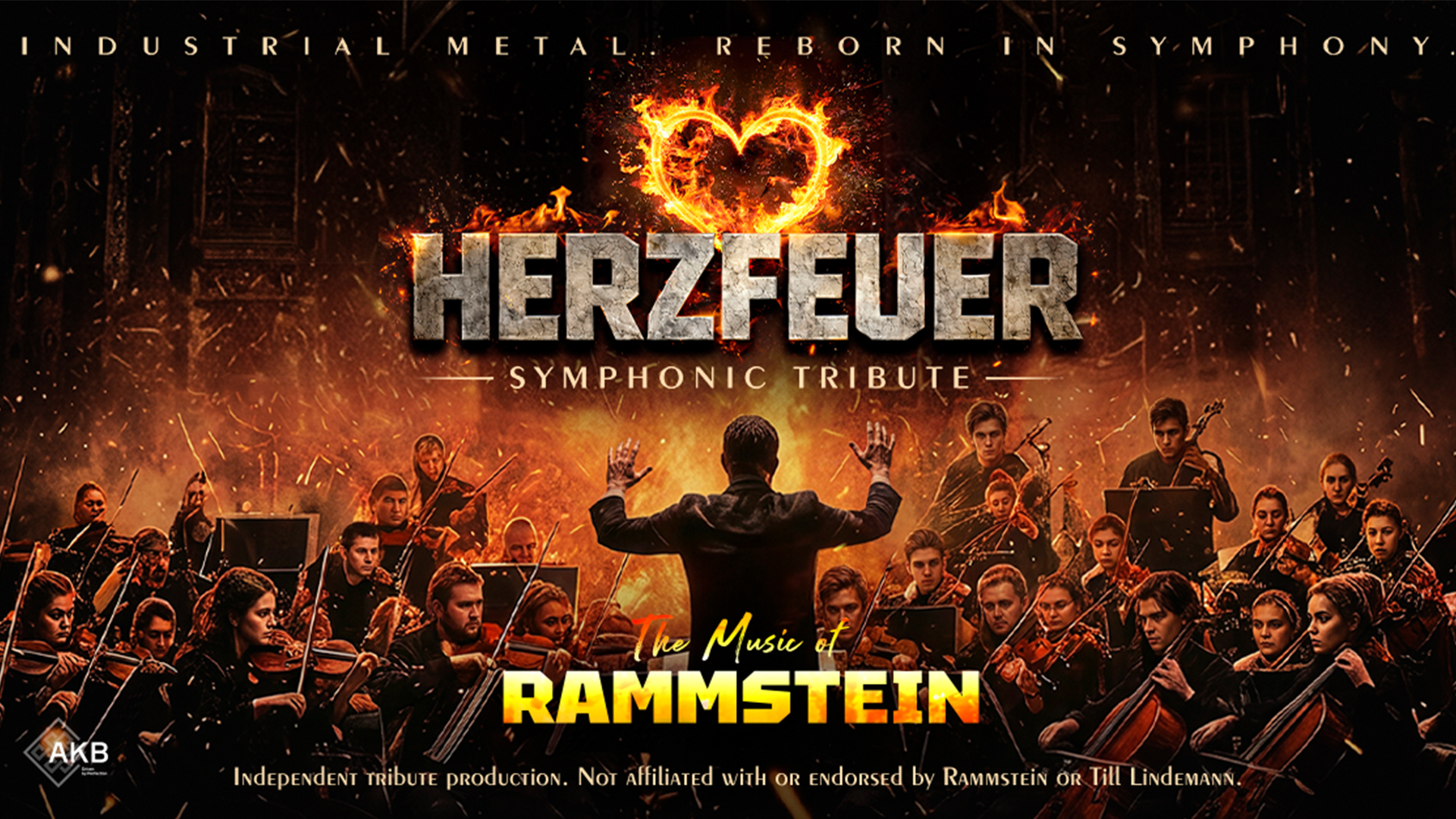 Dirigent vor Orchester im Hintergrund Flammen