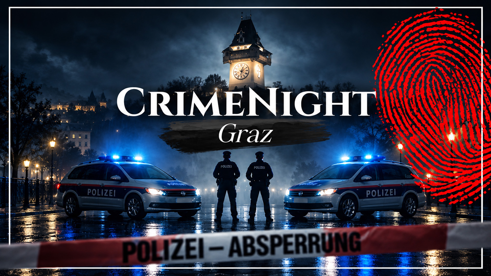Sujet Crime Night mit Uhrturm und rotem Fingerabdruck