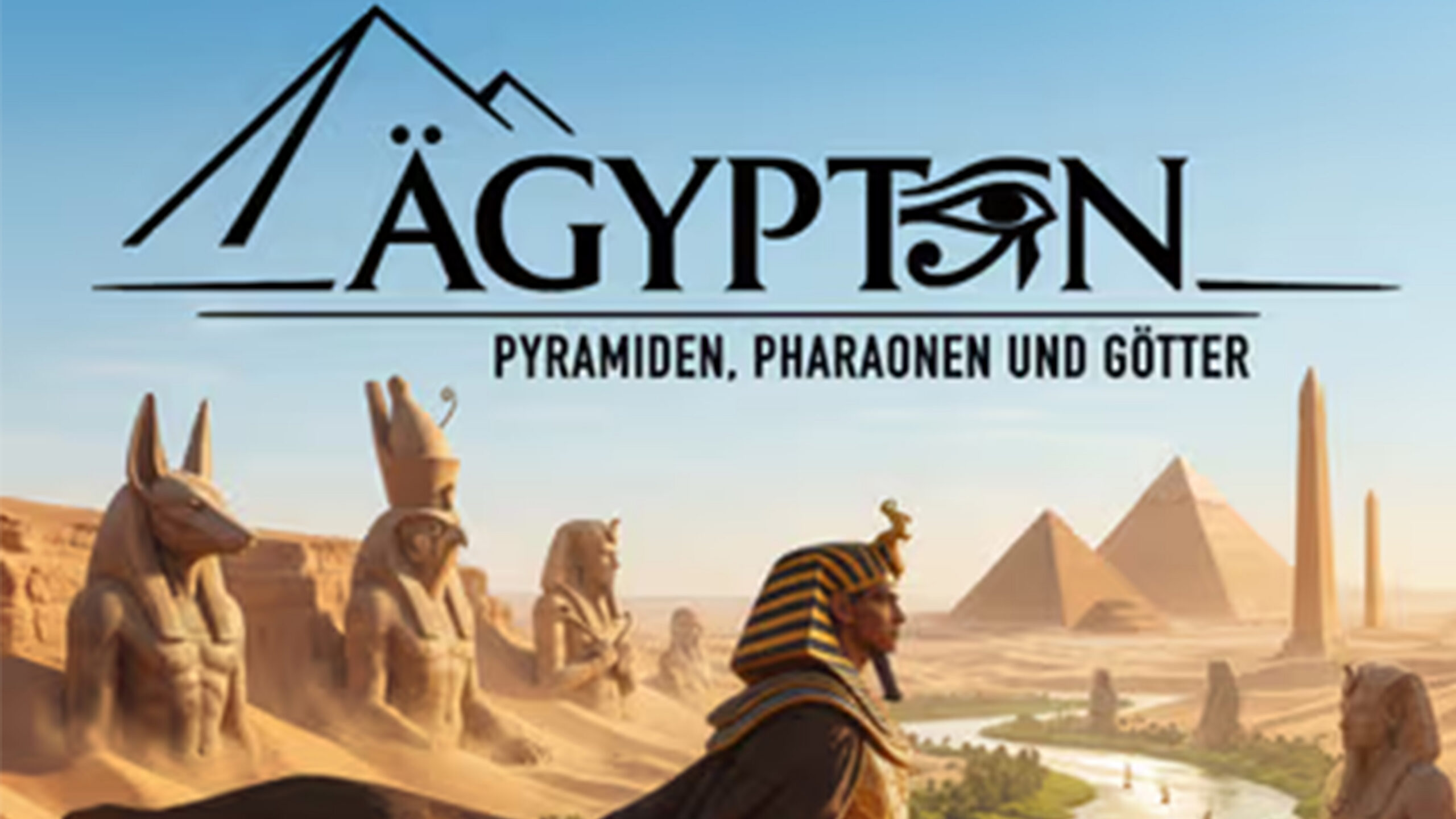 Grafische Darstellung von Pyramiden, Pharao und einem Fluss